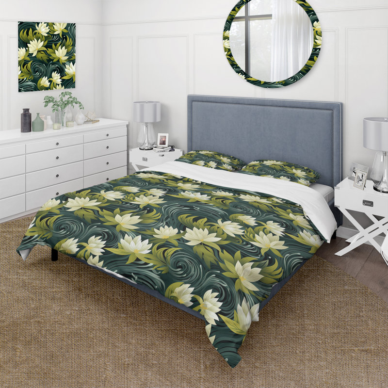 Ensemble de housse de couette à motif floral blanc Lotus I Zen, Housse de couette simple + 1 taie décorative stan