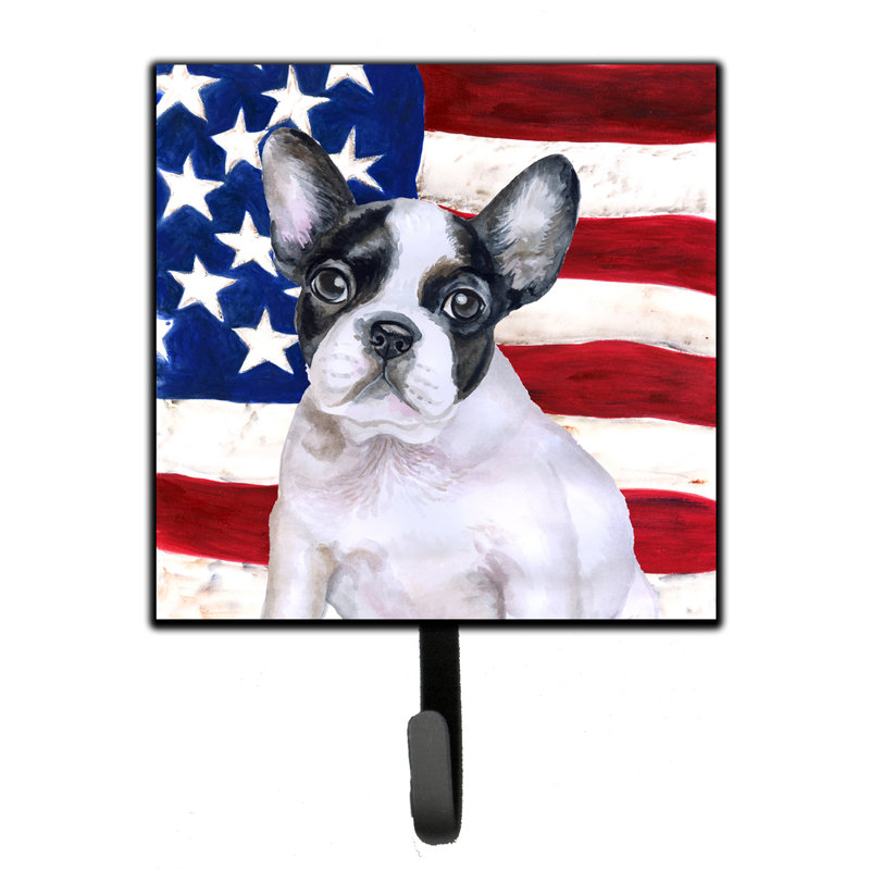 Emrah   Metal Wall Organizer with Key Hooks, French Bulldog, Blue/Grey/Red