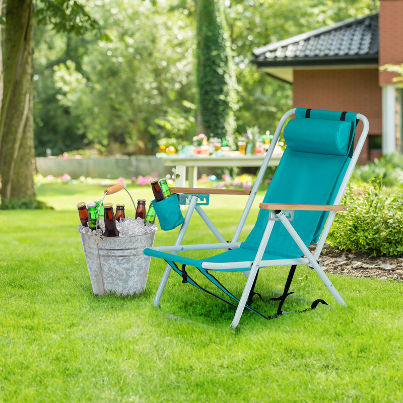 Folding Beach Chair, 4 Position Portable Backpack Foldable Camping Chair With Headrest Cup Holder And Wooden Armrests, Green