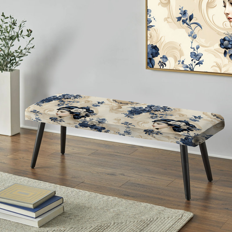 Portraits de camée victorien bleu et beige - Banc noir rembourré à motif floral