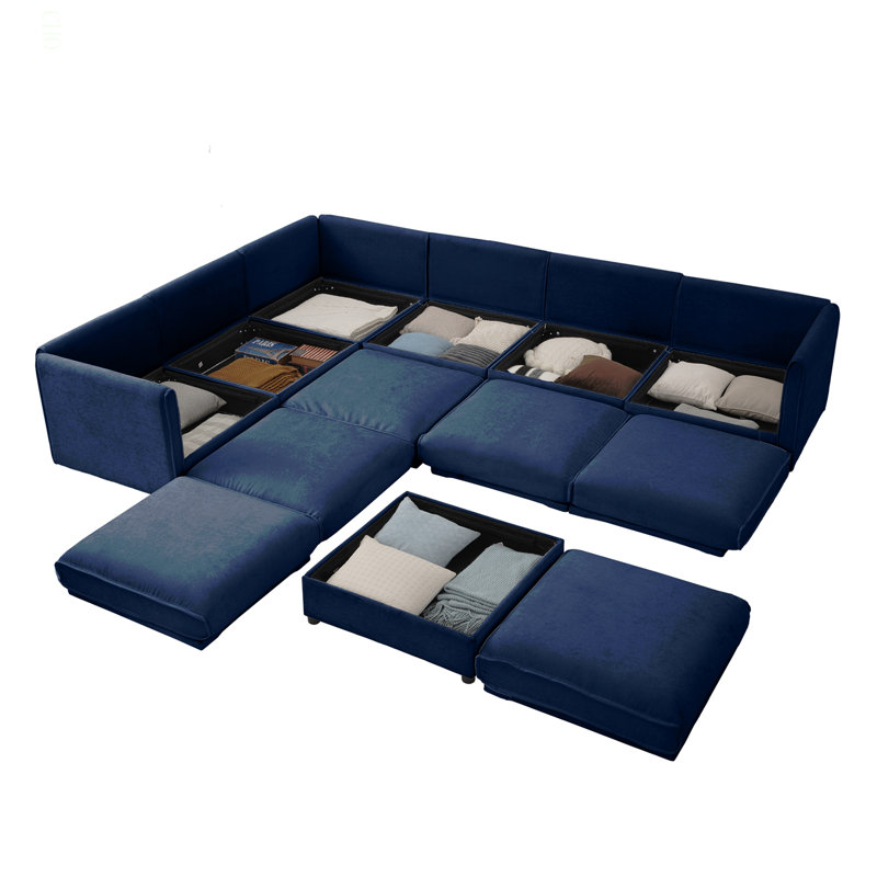 Grand canapé modulaire modulaire avec rangement Canapé modulaire en chenille pour le salon, dossier cylindrique et accoudoirs 6 places, bleu