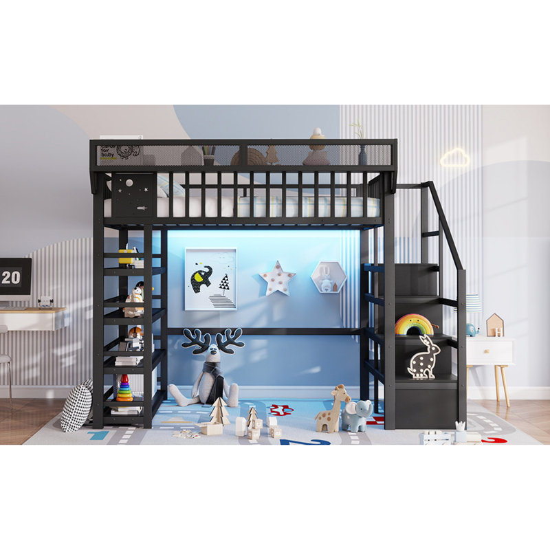 Lit mezzanine double avec rangement, en métal noir, style moderne gain de place, pour chambre d'enfant