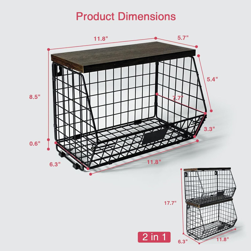 Ensemble de 2 paniers à fruits suspendus pour comptoir de cuisine, paniers en fil de fer empilables pour l'organisation avec couvercle en bois