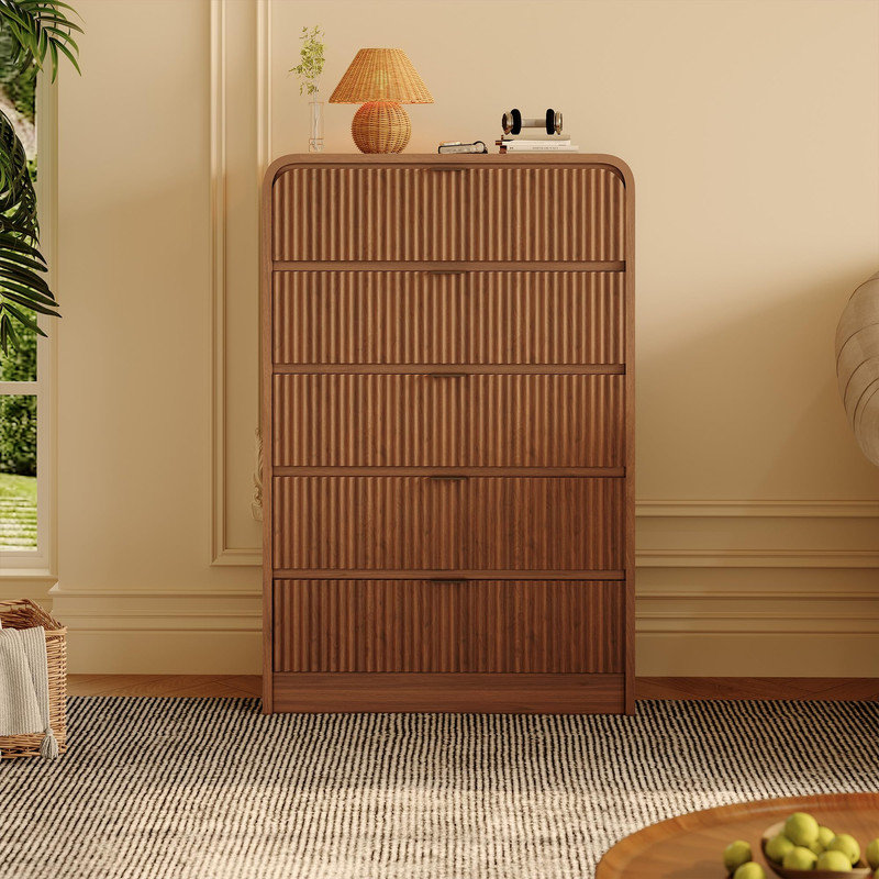 Walnut 5-Drawer Fluted Chest – Tall Wooden Dresser with Rounded Edges for Bedroom, Hallway, Living Room