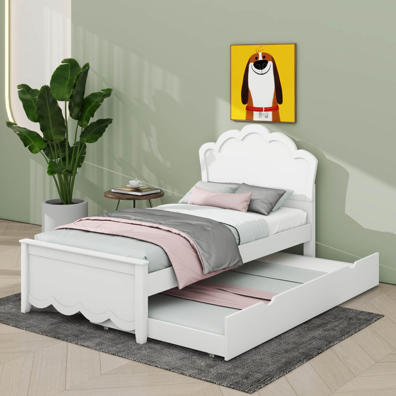 Élégant lit plateforme en bois avec tête de lit à motif floral et lit gigogne caché, Twin, White