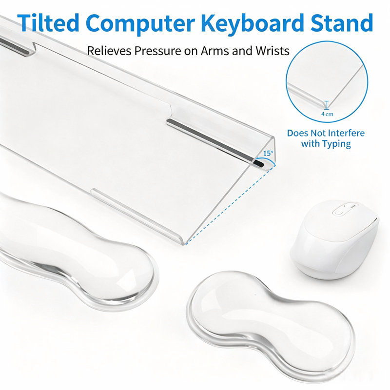 Ensemble de 3 pièces comprenant un repose-poignets en acrylique pour clavier et un tapis de souris transparent en silicone antidérapant. Accessoires de bureau combinés pour clavier et souris.