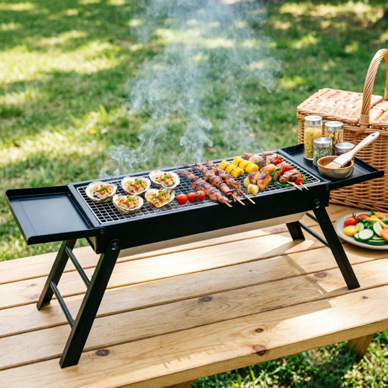 Barbecue au charbon pliable avec tablette latérale, barbecue en acier inoxydable de table portable facile à installer pour le camping