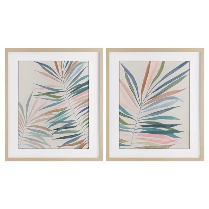 «Tropical Harmony Leaves», ensemble de 2 reproductions encadrées sous verre, par Hannah Dawson, Cadre de récolte en pin