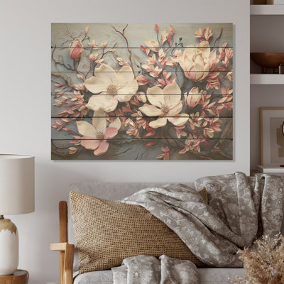 Arbre de magnolia somptueux I - Magnolias, art mural sur bois de pin naturel