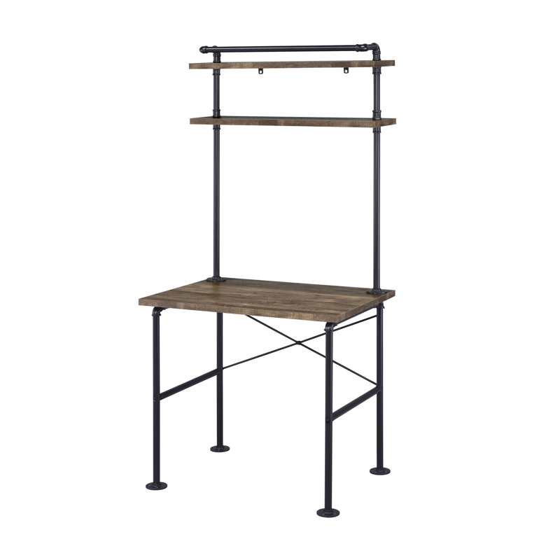 Writing Desk With Rustic Style And Metal Base For Home Use Spacious Office Oak Combination
