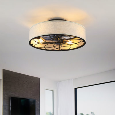 20" Cotton Fabric Caged Flush Mount Ceiling Fans 