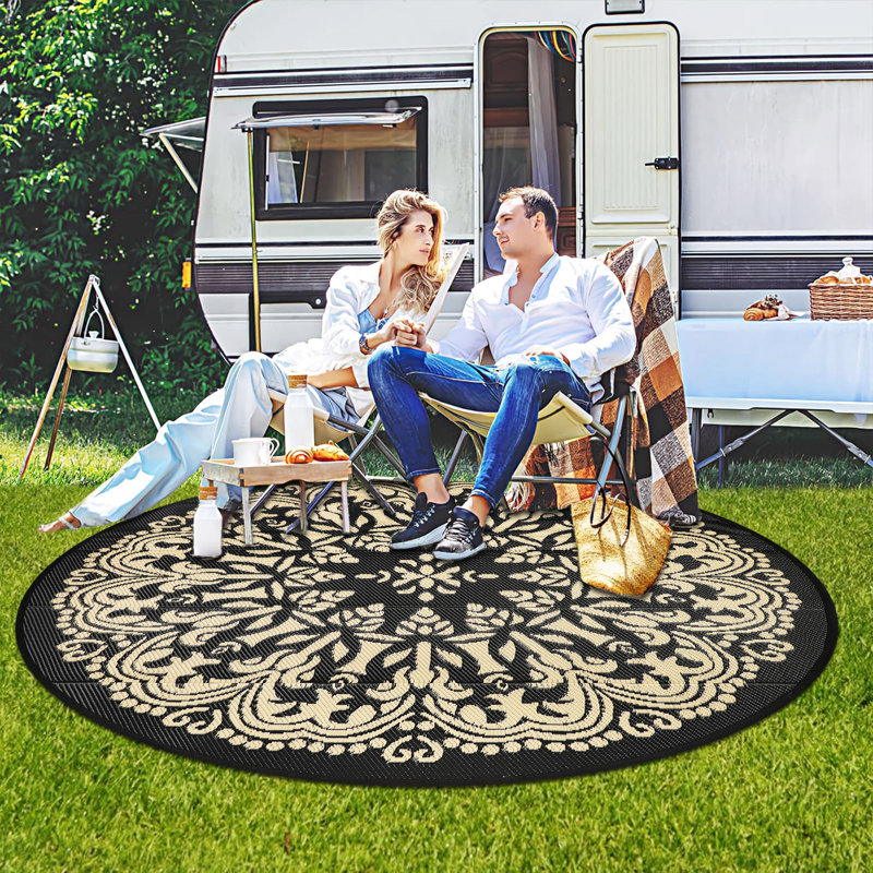 8FT Round Outdoor Patio Rugs  Waterproof Indoor Outdoor Area Rugs Clearance Reversible Straw Rugs Circle Outdoor Area Rugs for Porch Garden Deck Backyard Balcony