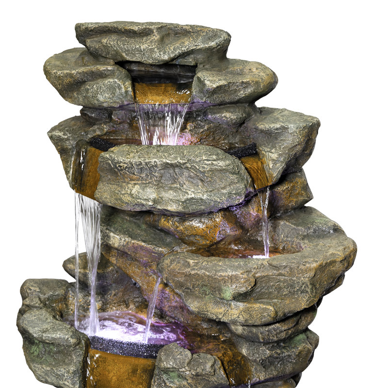 Fontaine de sol à cascade à 6 niveaux avec lumières DEL à changement de couleur, 51 po, gris  