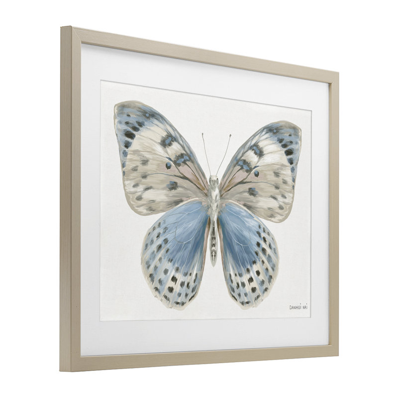 «Blue & White Butterfly», reproduction sous verre encadrée, par Danhui Nai, H 17 po x l 21 po, Cadre de récolte en pin