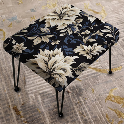Dark Blue Beige Flower Damask Breeze - Damask Rectangle Ottoman