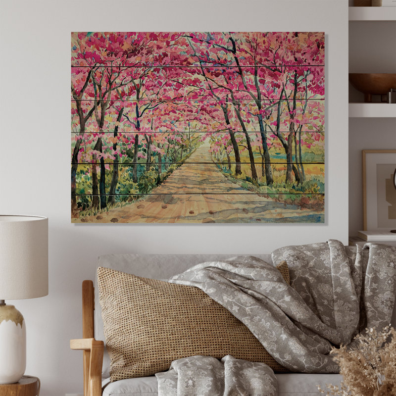 Chemin vers la forêt rose enchantée - peinture sur bois sans cadre, H 30 po x l 40 po x P 1 po