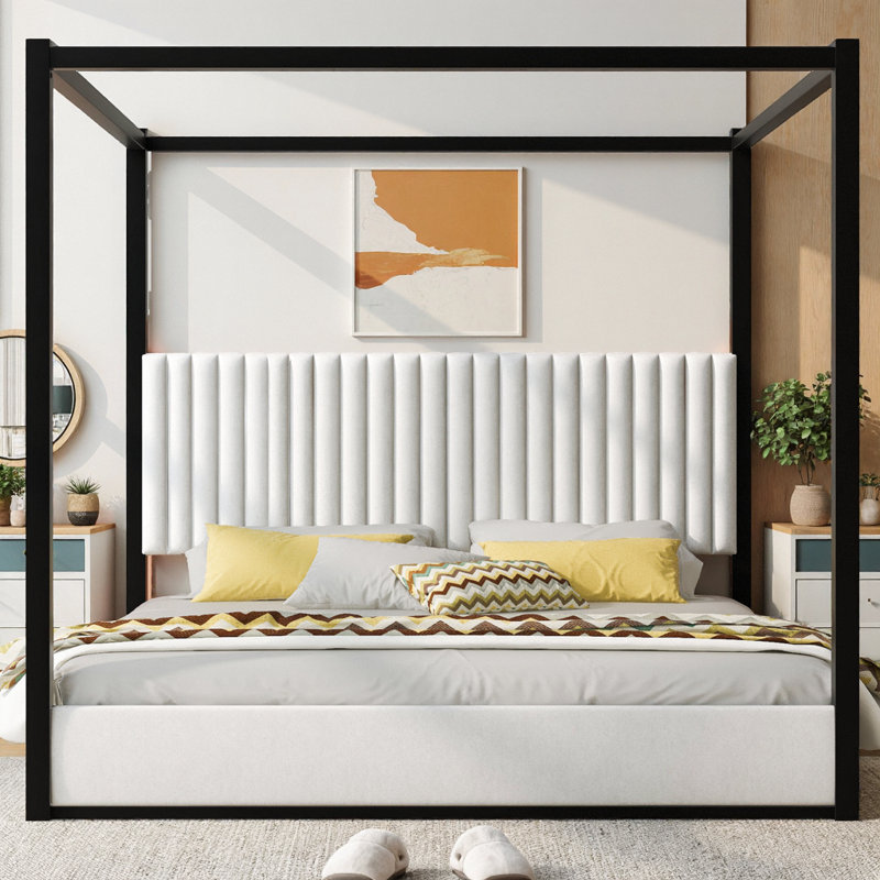 King Size Upholstered Canopy Bed, Platform Bed Frame with Velvet Headboard & Metal Frame, 4-Poster Canopy Bed for Romantic & Modern Bedroom, No Box Spring Needed