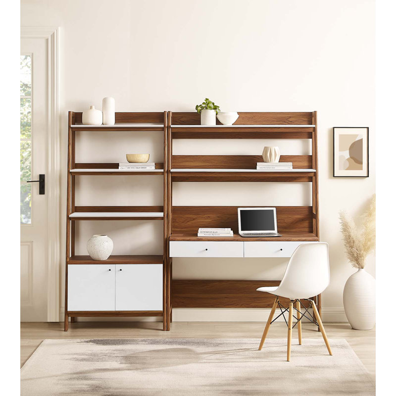 Walnut White 2-Piece Wood Office Desk and Bookshelf