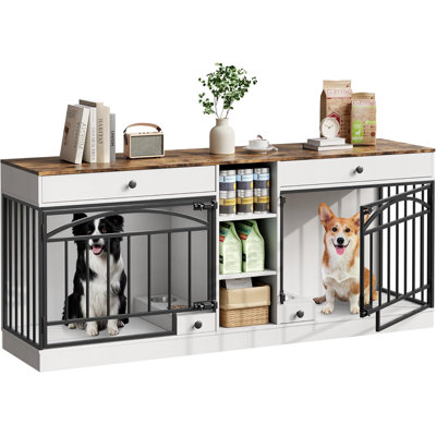 78.7" Double Dog Crate Furniture with Storage & 2 Doors, Feeding Bowls, Wood TV Stand, White