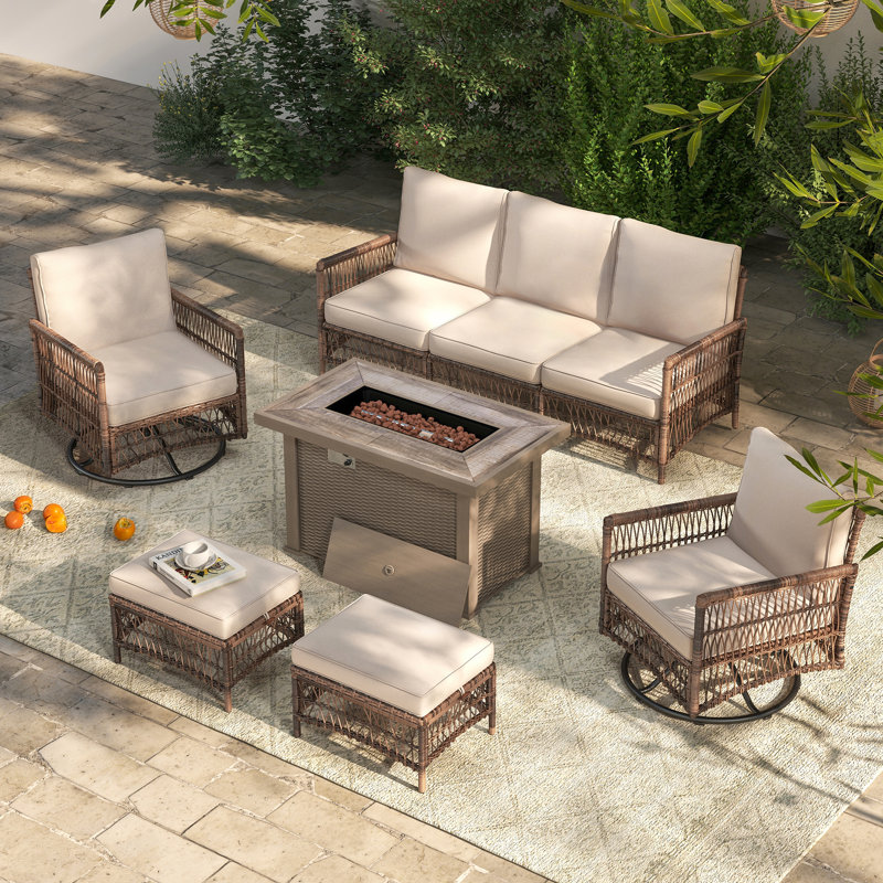 Ashjian Wicker Patio Conversation Set with Fire Pit Table, Yes, Cream