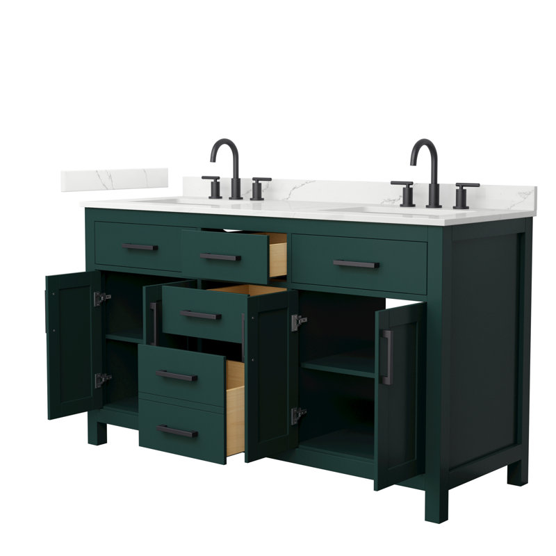 Beckett 60" Freestanding Double Bathroom Vanity with Quartz Top, Green, Matte Black, Giotto Quartz