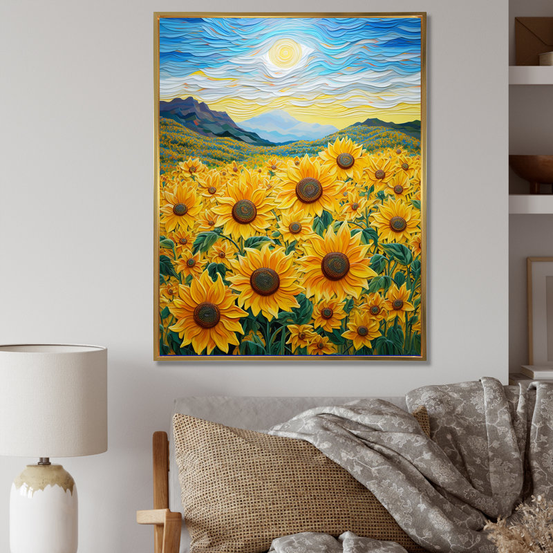 «Vangogh Style Sunflowers Mountains», reproduction sur toile, H 44 po x l 34 po x P 1,5 po, Cadre flottant doré