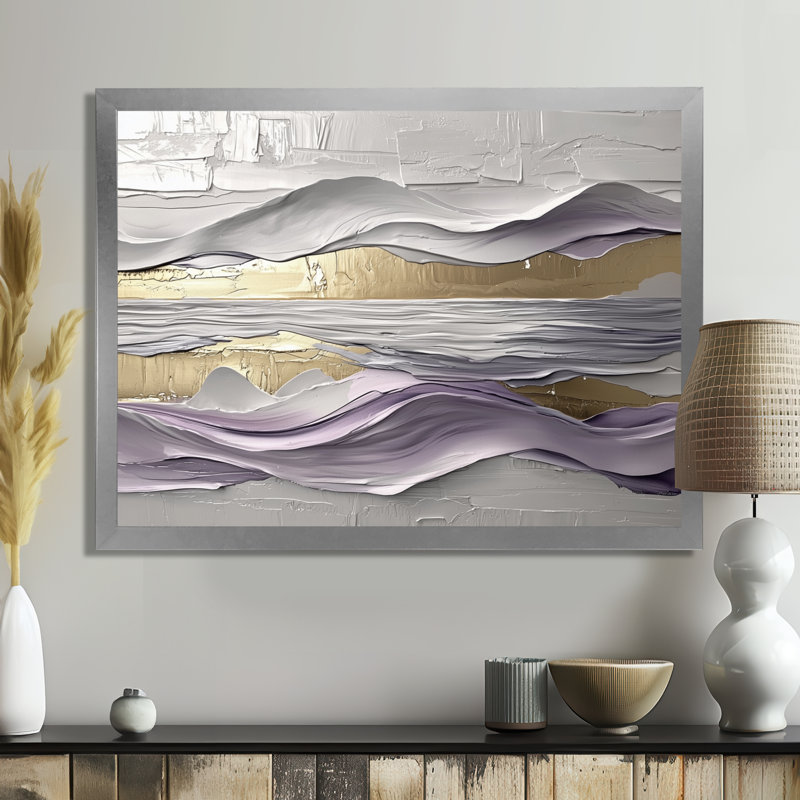 Lavande et pierres, horizon transitionnel III - art mural transitionnel, H 16 po x l 32 po, Cadre flottant, Argent argent