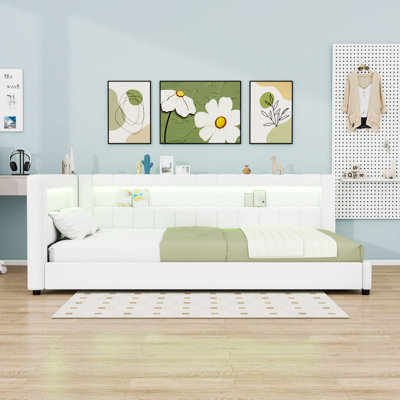 Upholstered Daybed with USB Ports, LED Light and Slats