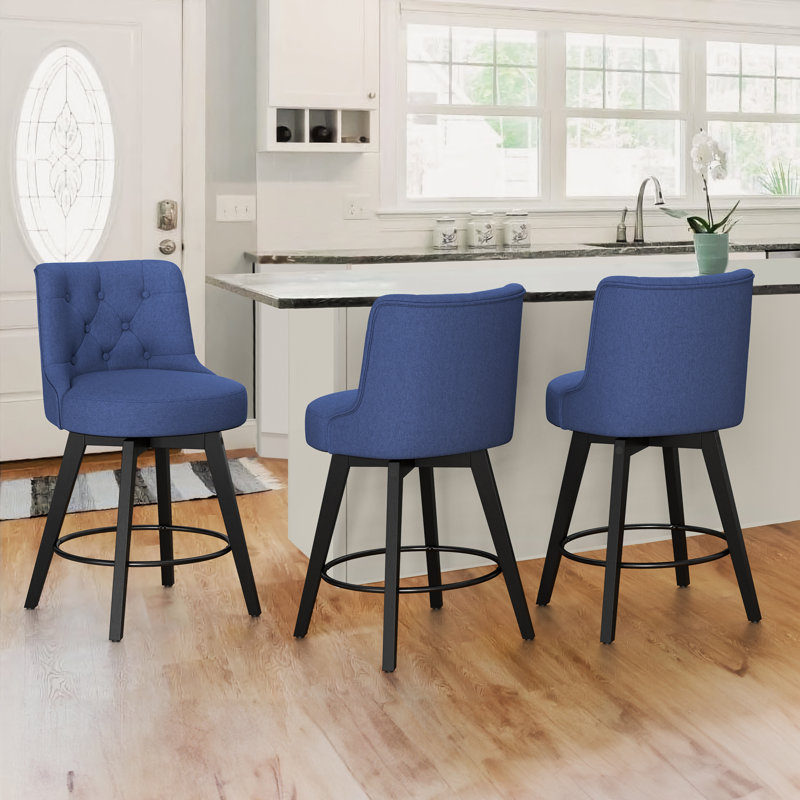 Arleine Swivel Upholstered Counter Stool with Solid Wood Frame, Navy 100% Linen, 3