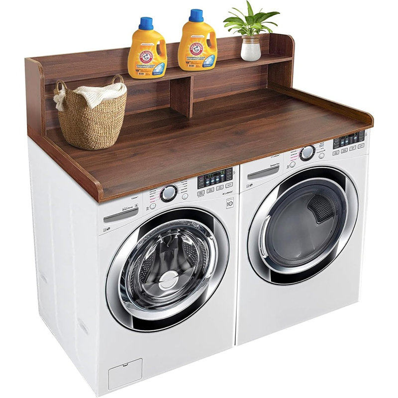 Laundry Countertop With 2-tier Storage Shelf, Universal Fit Washer And Dryer Countertop, Solid Wood Core Laundry Organizer, Walnut