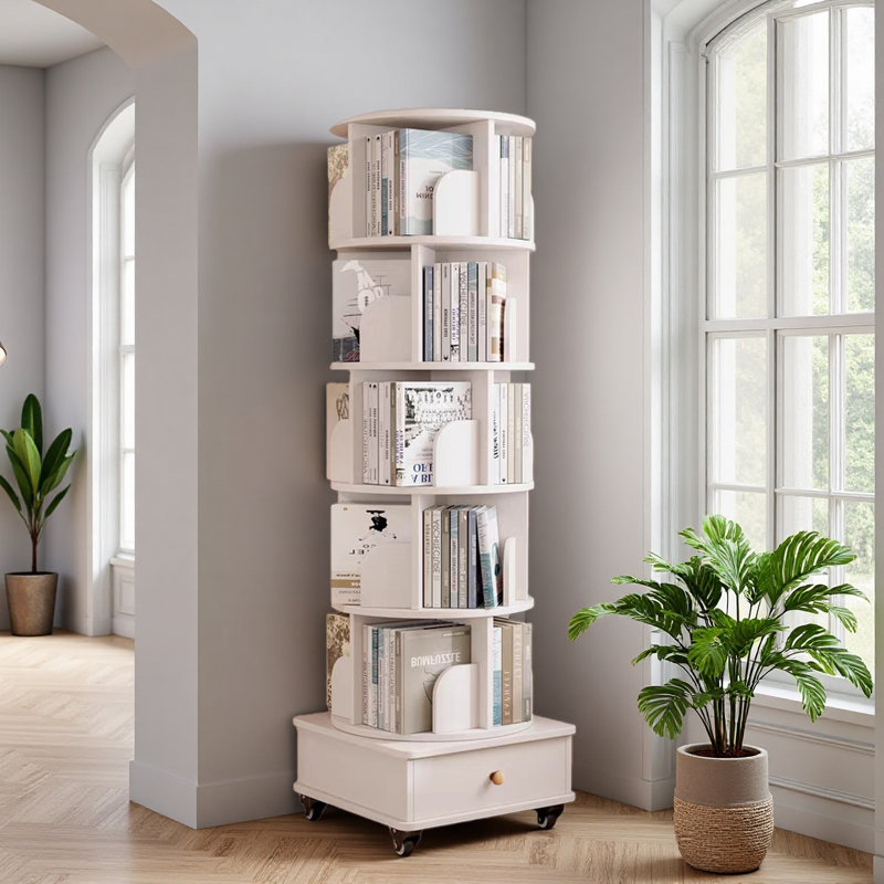 Bibliothèque rotative avec tiroir, étagère de coin à 6 niveaux à 360 degrés pour étagères, bibliothèque sur pied