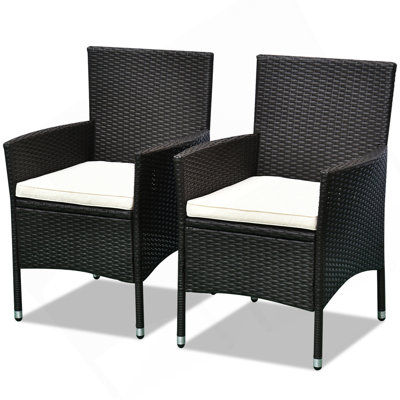 Outsunny 2 PCS Rattan Wicker Dining Chairs with Cushions and Anti-Slip Foot, Patio Stackable Chairs Set for Backyard, Garden, Lawn, Dark Coffee