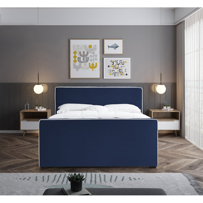 Haneesh Upholstered Unfinished Panel Bed, Full, Navy Velvet