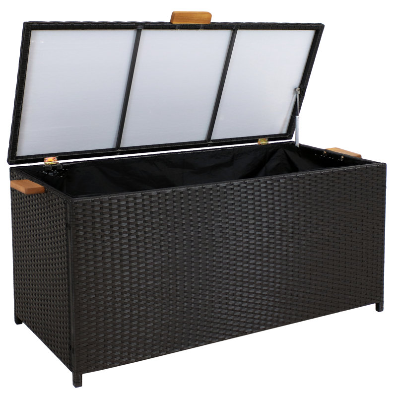 Black Resin Wicker 75-Gallon Deck Storage Box with Acacia Handles