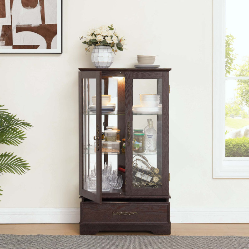 Lighted Glass Curio Cabinet With Adjustable Shelves - Elegant 2-Door Display Cabinet & Built-In Drawer, Includes Bulb, Cherry