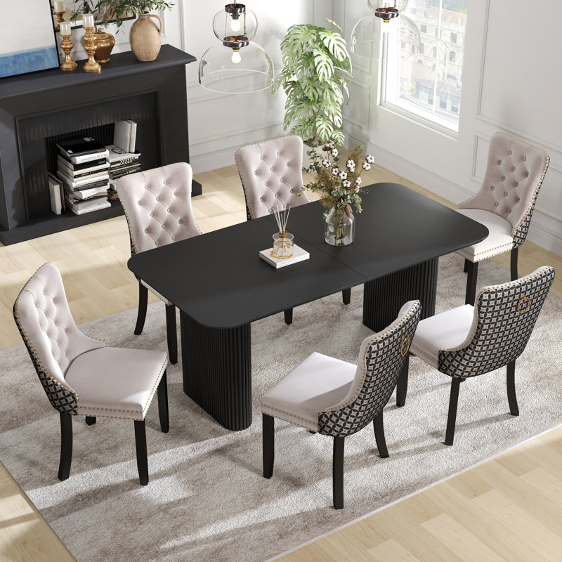 Ensemble de salle à manger rectangulaire à double piédestal avec table de salle à manger de style crème, 7, Beige