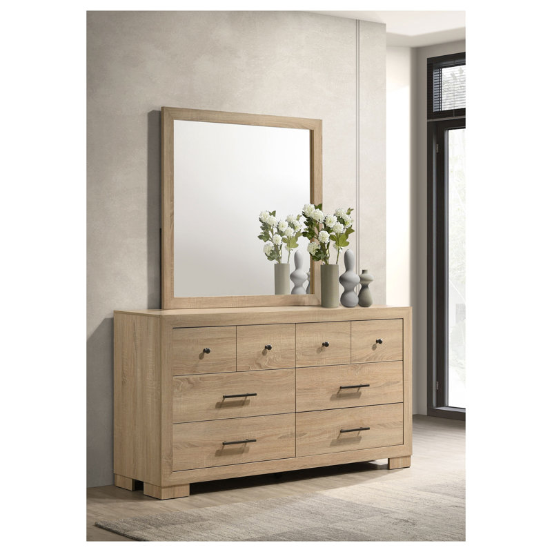 Commode Merritt en chêne clair à 6 tiroirs avec miroir assorti, ensemble de rangement pour chambre à coucher en bois d'ingénierie avec glissières métalliques
