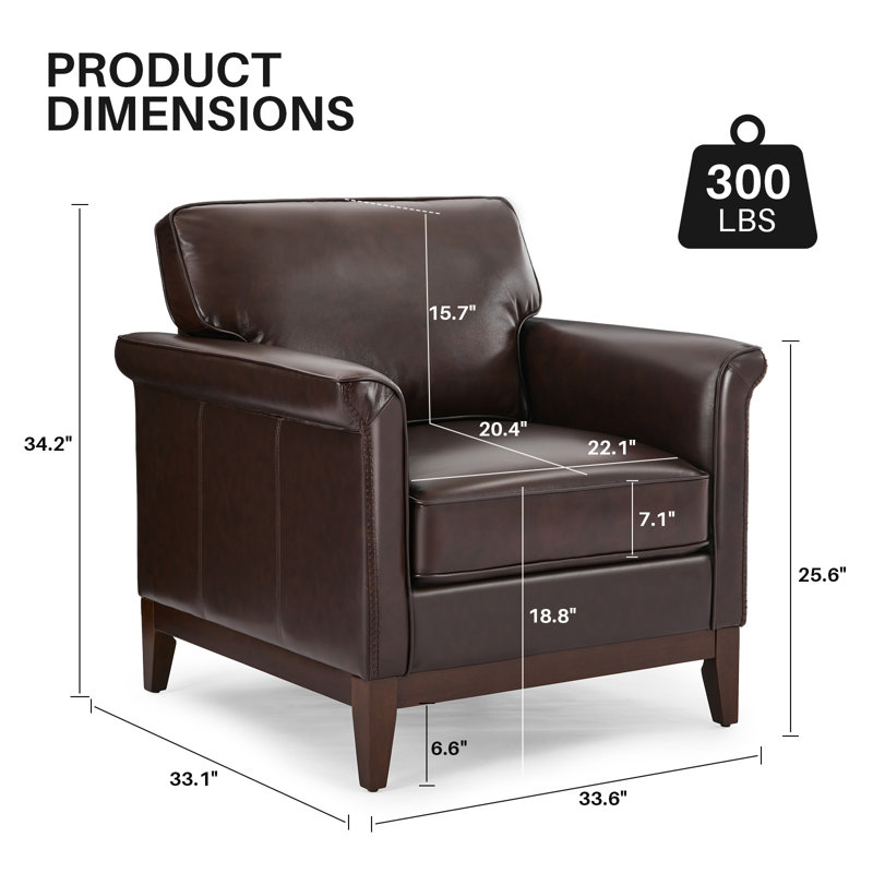 Hamse Genuine Leather Upholstered Accent Armchair, Red Brown Genuine Leather