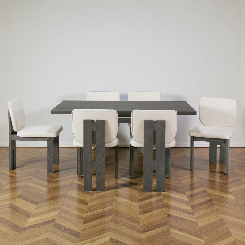 6-Person Dining Set, Rectangular Gathering Table, Wood, Upholstered Seating, Modern Farmhouse, Dining Room, Gray