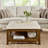 Upholstered coffee table ottoman | tufted linen | beech wood shelf & frame | large square footrest | ivory | versatile