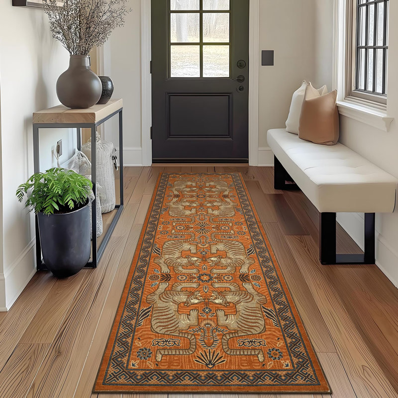 Tapis lavable à la machine à imprimé animal rétro avec envers en caoutchouc pour le salon et la chambre à coucher, Orange