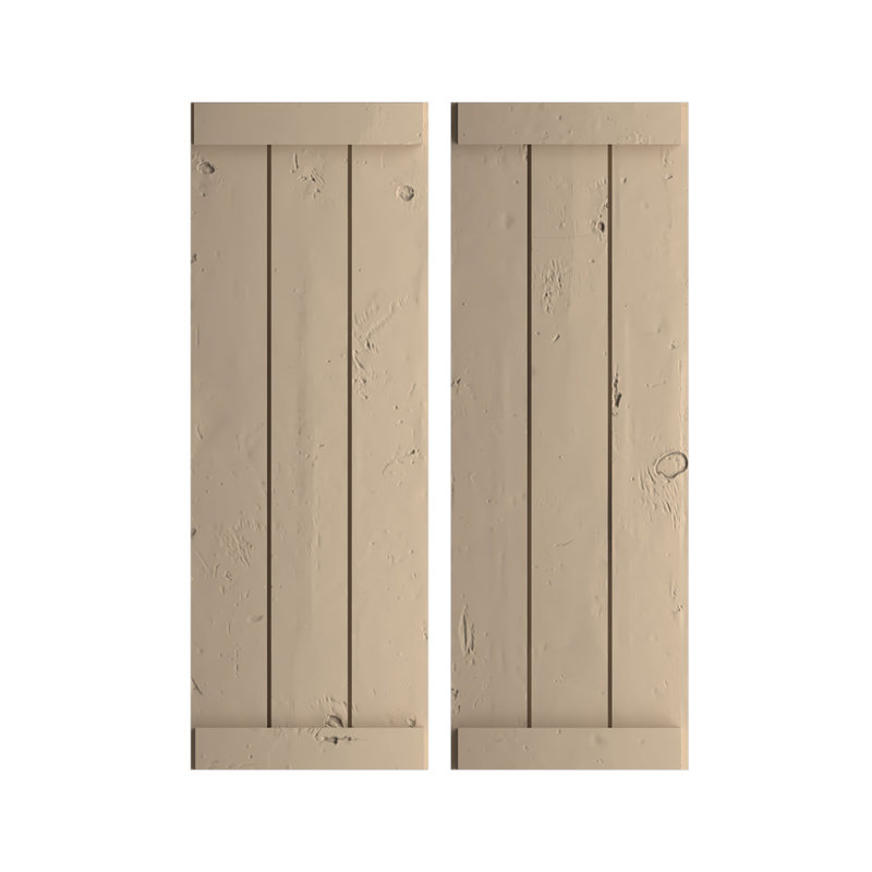 Volets rustiques en faux bois à trois planches jointes avec lattes (par paire), Texture de pin noueux / brun clair apprêté