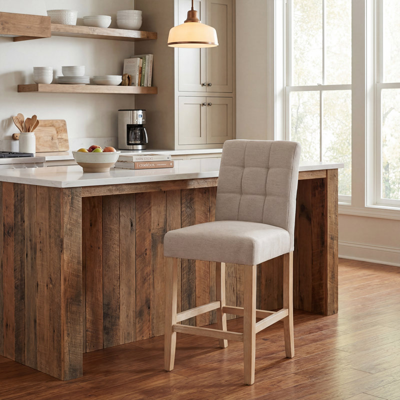 Modern Counter Height Bar Stool With Back, 25.2'' Seat Height Beige Linen Upholstered Solid Wood Bar Stools For Home Bar Kitchen Island