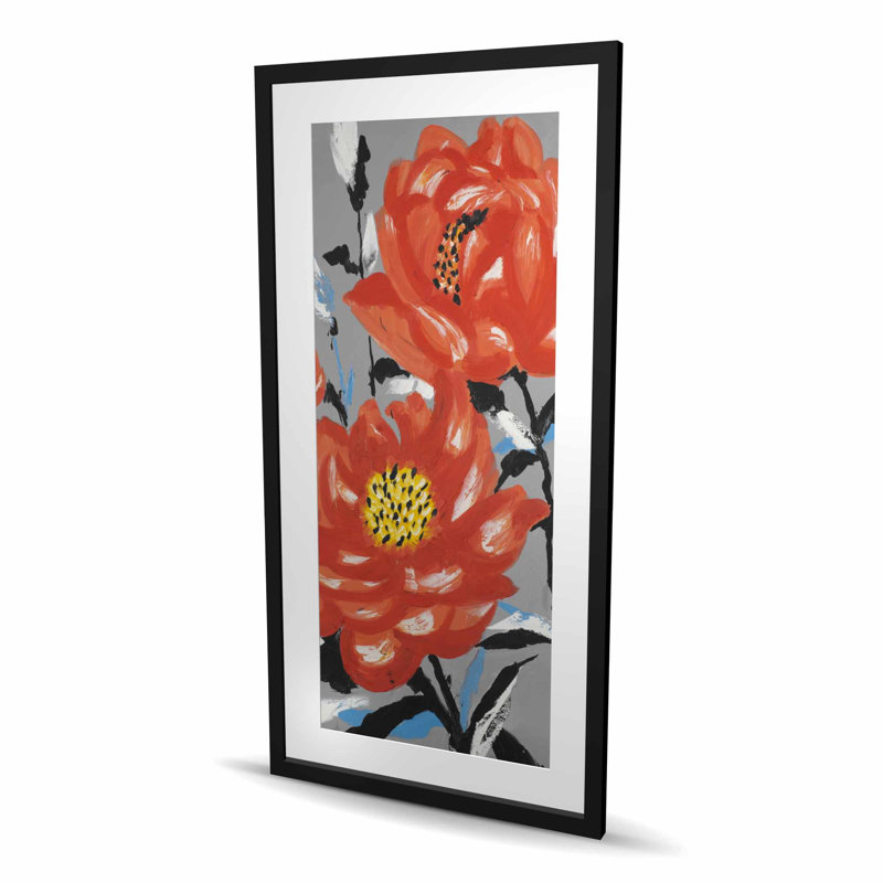 «Three Pink Flowers - Gray Floral Botanical», reproduction encadrée, Noir
