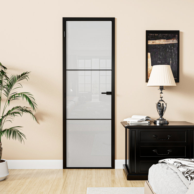 Panneau de porte intérieur en verre givré 3-Lite Aluminun avec finition noire et cadre Aluminun, 80 po x 32 po, Gauche