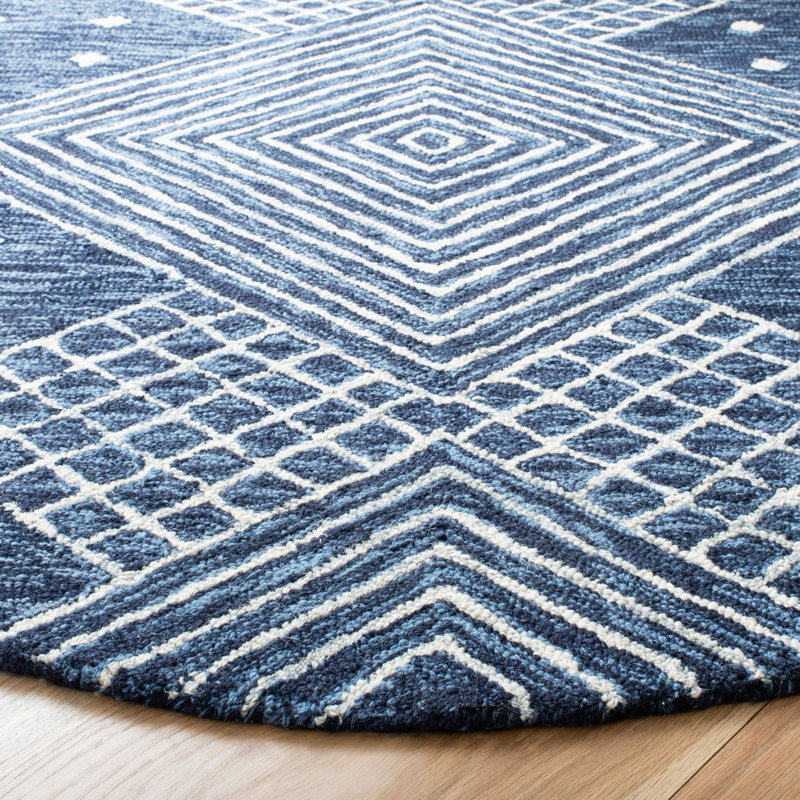 Tapis bleu / ivoire en laine / coton touffeté à la main Micro-Loop, Rectangle 4 pi x 6 pi