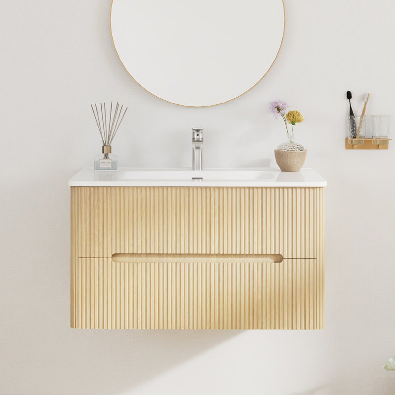 Armoire de salle de bain murale à rayures verticales 36 po couleur chêne clair | Lavabo intégré en céramique | Tiroirs doubles | Rail silencieux à fermeture douce | Charnière à fermeture douce