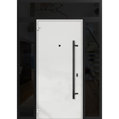 Porte d'entrée extérieure prémontée en acier Deux 6078, émail noir, avec deux fenêtres latérales et supérieures, imposte latérale, style moderne, peinte en métal, largeur 16+36+16 po x hauteur 80+16 po, ouverture à droite vers l'intérieur