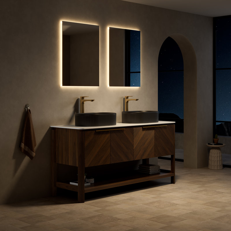 Meuble-lavabo de salle de bain 60 po Indigo, armoire de rangement autoportante en contreplaqué avec 4 portes rayées diagonales et tablette ouverte, 2 lavabos ovales en céramique noire et plateau en pierre frittée blanc de Carrare, grain de bois noyer foncé
