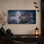 " Snowy Cabin With Glowing Windows Moonlit Lake Halloween " Painting Print-1664857191